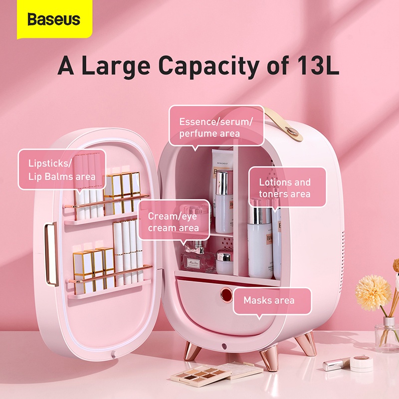Baseus Professional Beauty Fridge 13L Large Capacity EU/ CN Plug Pink Color with Lighting Makeup Mirror 10℃-18℃ Refrigeration Mode for Bedroom Dorm